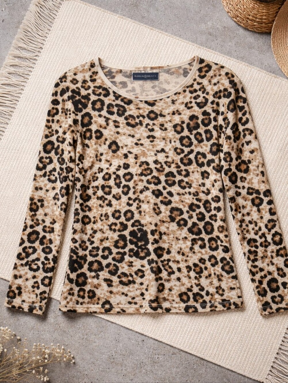 Karen Scott Leopard Print Long Sleeve Tee - Beige & Black